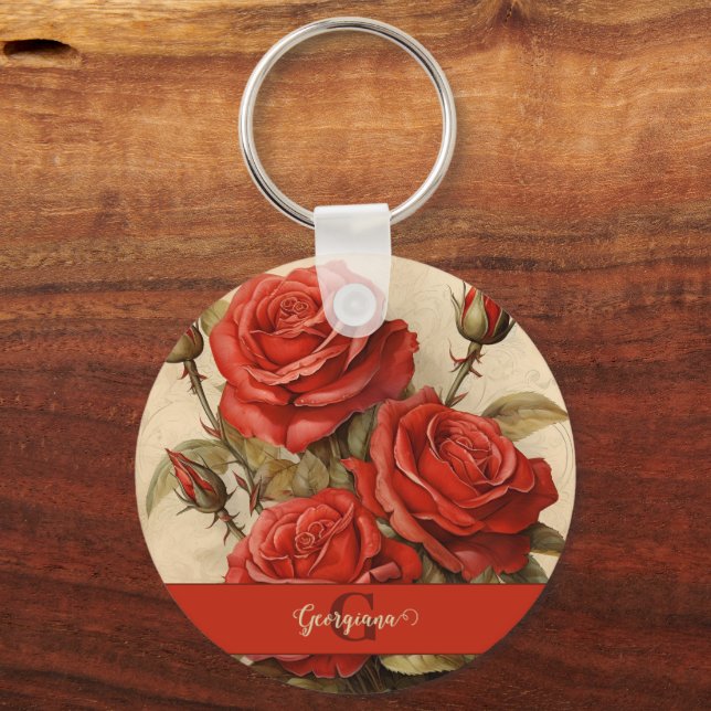 Chaveiro Rosas vermelhas Florais Personalizadas Vintage Wat (Frente)