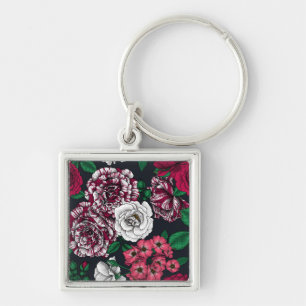 Chaveiro Rosas vermelhos, brancos e bicolores com folhas ve