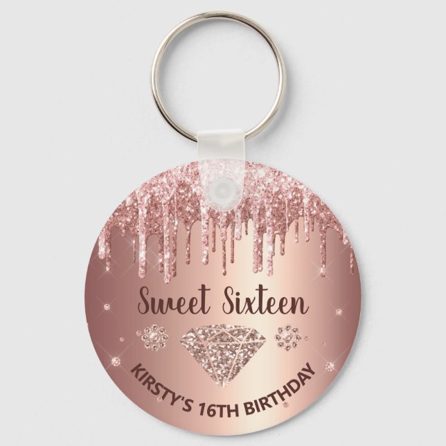 Chaveiro Rose Gold Dripping Glitter & Diamond Sweet 16  (Frente)