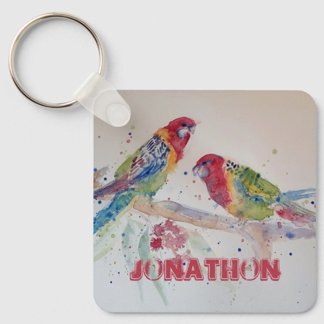 Chaveiro Rosella Parrot Bird Watercolor Boys Nome Key Ring (Frente)