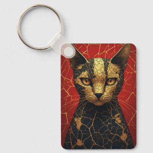 Chaveiro Rosto de Gato Místico Com Linhas de Fratura Dourad