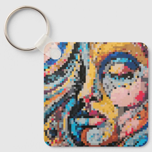 Chaveiro Rosto multicolorido em pixel art (Frente)