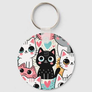 Chaveiro Rostos de Gatos Kawaii Fofos e Corações Caprichoso