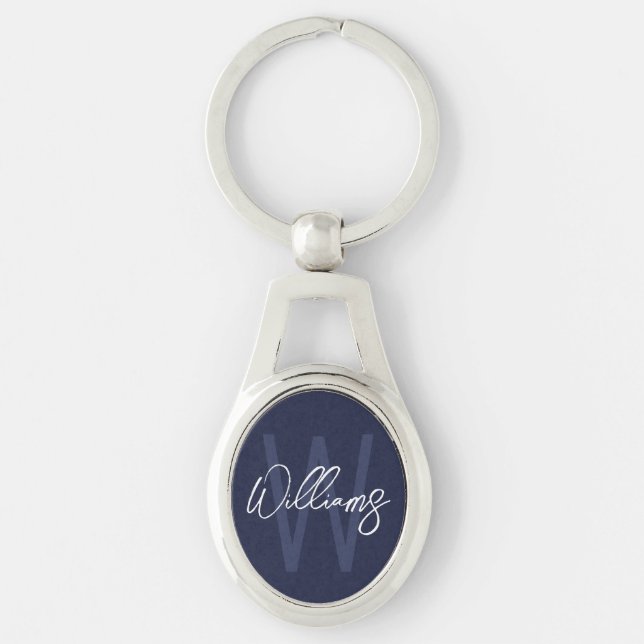 Chaveiro Rótulo Azul Marinho Personalizado Monograma e Nome (Frente)