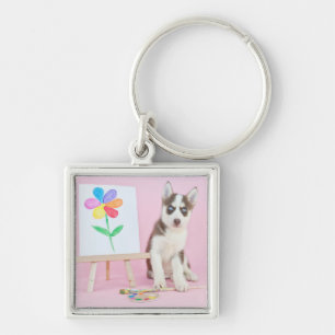 Chaveiro Rouco Puppy Pintando uma Flor Arco-Íris