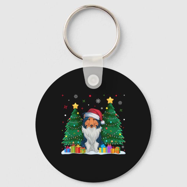 Chaveiro Rough Collie Dog Passa Santa Hat Ugly Christmas S (Frente)