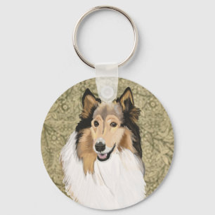 Chaveiro Rough Collie em um fundo floral marrom