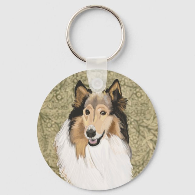 Chaveiro Rough Collie em um fundo floral marrom (Frente)