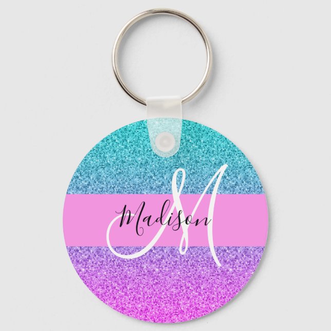 Chaveiro Roxo Glitter Brilho Gradiente Monograma Aqua (Frente)