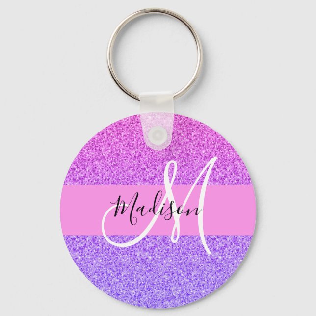 Chaveiro Roxo Rosa Glitter Faísca Gradiente Monograma (Frente)