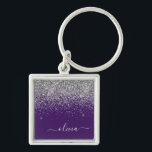 Chaveiro Roxo Silver Glitter Girly Glam Monograma<br><div class="desc">Chaveiros com nomes de Monograma de Script Glitter de Silver e Purple Sparkle (Cadeia de Chaves). Isto faz o doce e perfeito aniversário de 16 anos,  casamento,  chá de panela,  aniversário,  chá de fraldas ou festa de solteira presente para alguém que ama luxo de luxo e estilos quíticos.</div>