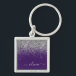 Chaveiro Roxo Silver Glitter Girly Glam Monograma<br><div class="desc">Chaveiros com nomes de Monograma de Script Glitter de Silver e Purple Sparkle (Cadeia de Chaves). Isto faz o doce e perfeito aniversário de 16 anos,  casamento,  chá de panela,  aniversário,  chá de fraldas ou festa de solteira presente para alguém que ama luxo de luxo e estilos quíticos.</div>