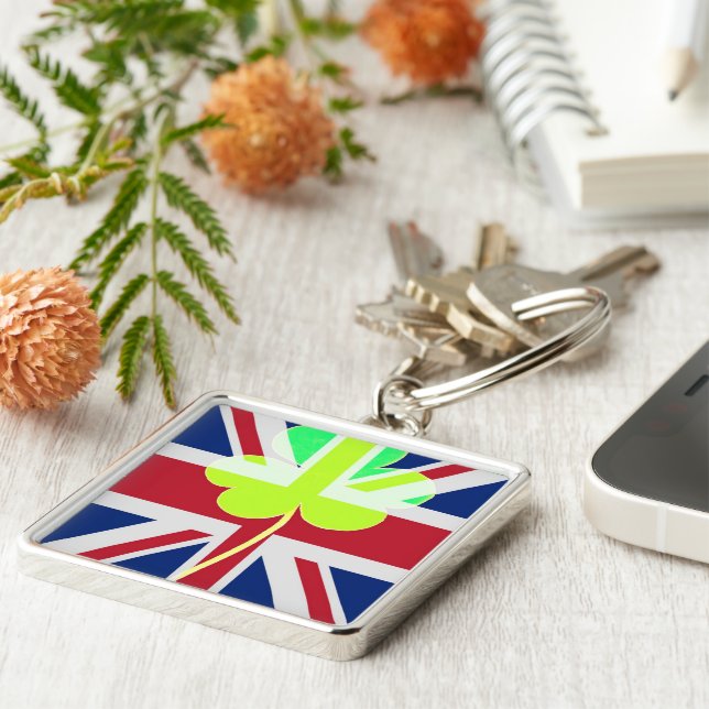 Chaveiro Rua de Clover da Irish British Flag Shamrock, Patr (Lateral)