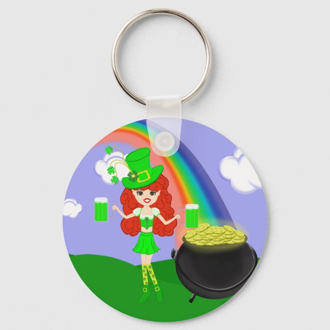 Chaveiro Rua Pat's Day Redhead Girl Leprechaun com Rainbow (Frente)