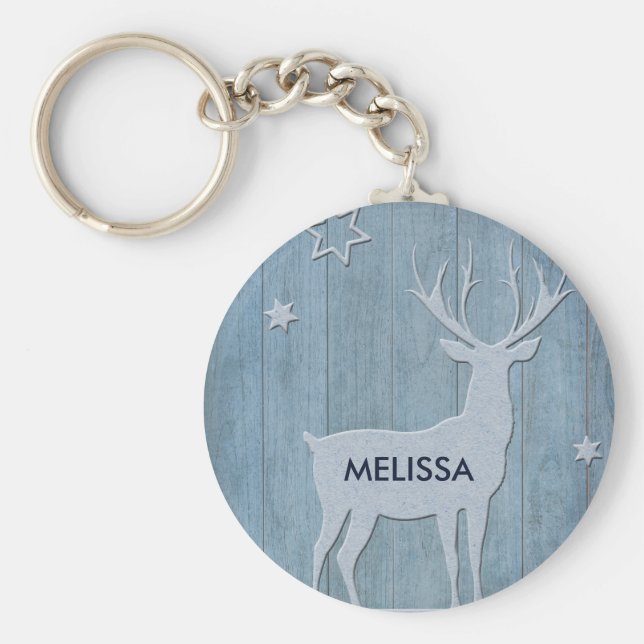 Chaveiro Rustic Blue Wood Reindet — Natal (Frente)