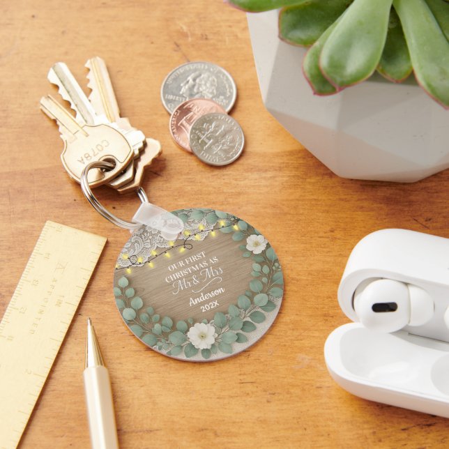 Chaveiro Rustic Wood & Eucalyptus Mr & Mrs Christmas (Mesa)