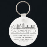 Chaveiro Sacramento Stylized Skyline | Slogan Personalizado<br><div class="desc">Uma cadeia-chave única que representa a bela cidade de Sacramento,  Califórnia. Este chaveiro apresenta uma ilustração estilizada do horizonte único da cidade com seu nome embaixo. Por baixo do nome da cidade está um lugar para o seu slogan ou afirmação exclusivo sobre a sua cidade favorita.</div>