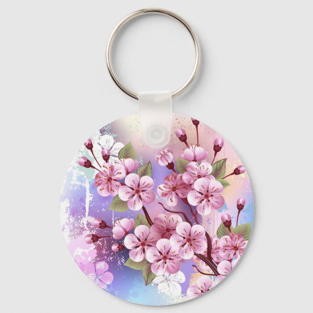 Chaveiro Sakura rosa no fundo da pintura (Frente)