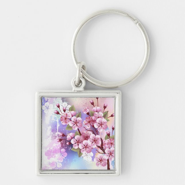 Chaveiro Sakura rosa no fundo da pintura (Frente)