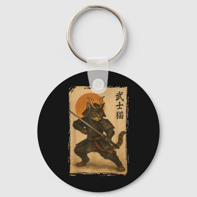Chaveiro Samurai Cat Warrior Japonês Ukiyo-e Trabalho de ar (Frente)