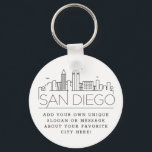 Chaveiro San Diego, CA Stylized Skyline | Slogan Personaliz<br><div class="desc">Uma cadeia chave única representando a bela cidade de San Diego,  Califórnia. Este chaveiro apresenta uma ilustração estilizada do horizonte único da cidade com seu nome embaixo. Por baixo do nome da cidade está um lugar para o seu slogan ou afirmação exclusivo sobre a sua cidade favorita.</div>