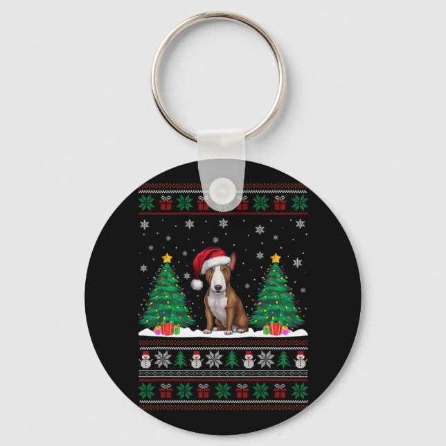 Chaveiro Santa Hat Bull Terrier Dog Xmas Tree Luzes Feias (Frente)