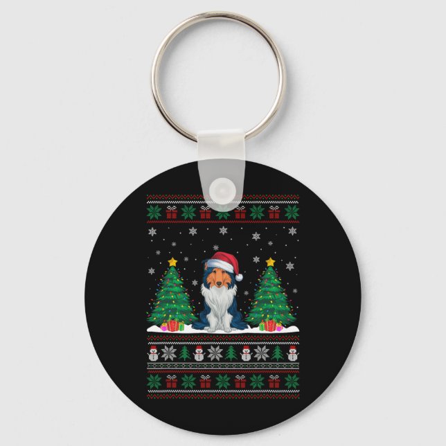 Chaveiro Santa Hat Rough Collie Dog Xmas Tree Luzes Feias (Frente)
