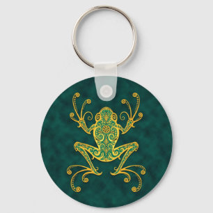 Chaveiro Sapo de árvore azul dourado intrincado