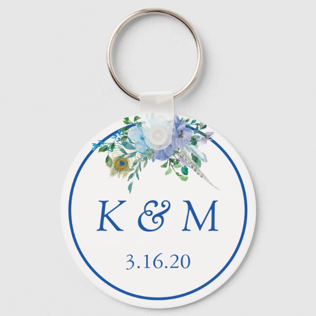 Chaveiro Sapphire Blue Floral Monogramas Favor de Casamento (Frente)