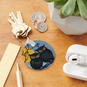 Chaveiro Saudações Vintage de Halloween, Corujas na Árvore 