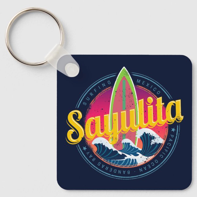 Chaveiro Sayulita Mexico Surfer Vintage Wave Sunset (Frente)