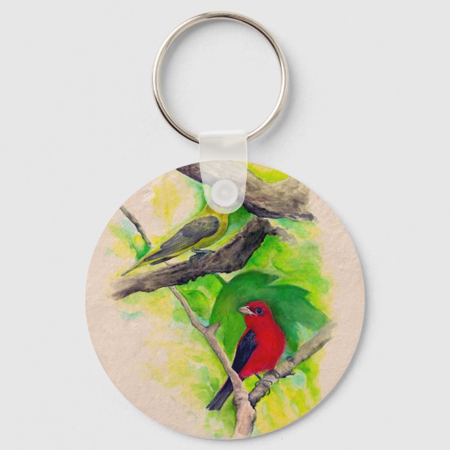 Chaveiro Scarlet Tanagers Birds Watercolor Painting Keychai (Frente)