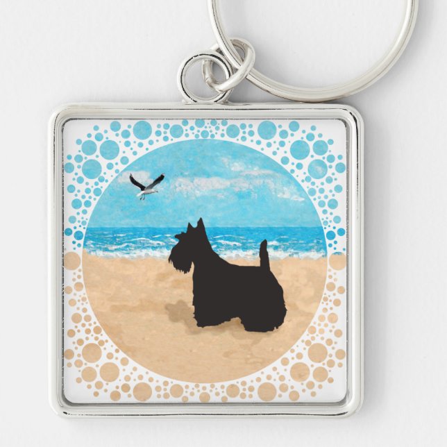 Chaveiro Scottie na Praia com Gaivota (Frente)