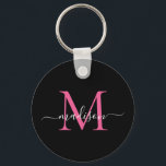 Chaveiro Script Elegante de Nome do Monograma Cor-de-Rosa M<br><div class="desc">Chaveiro de Script Moderno Elegante Elegante de Monograma Rosa Magenta Preto Simples</div>