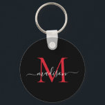 Chaveiro Script Elegante do Nome do Monograma Vermelho Burg<br><div class="desc">Simples Chaveiro de Script Moderno Elegante Monograma Vermelho Burgundy Preto</div>