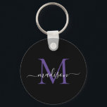 Chaveiro Script Elegante do Nome do Monograma Violeta Roxo<br><div class="desc">Chaveiro de Script Moderno Elegante Elegante para Violetas Roxo Simples Preto</div>