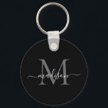 Chaveiro Script Moderno Elegante do Nome do Monograma Branc<br><div class="desc">Chaveiro de Script Moderno Elegante Elegante Monograma Branco Preto Simples</div>
