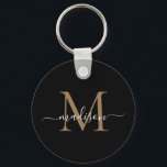 Chaveiro Script Moderno Elegante do Nome do Monograma Doura<br><div class="desc">Simples preto Monograma Dourado Elegante Chaveiro de Script Moderno Elegante</div>