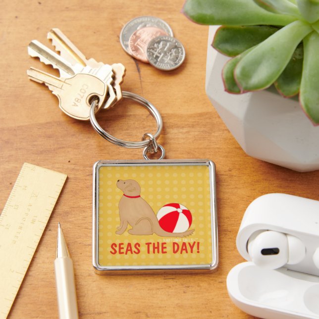 Chaveiro Seas the Day Beach Dog Yellow Key Chain Silver (Mesa)
