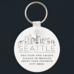 Chaveiro Seattle Stylized Skyline | Slogan Personalizado<br><div class="desc">Uma cadeia chave única representando a bela cidade de Seattle. Este chaveiro apresenta uma ilustração estilizada do horizonte único da cidade com seu nome embaixo. Por baixo do nome da cidade está um lugar para o seu slogan ou afirmação exclusivo sobre a sua cidade favorita.</div>