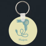Chaveiro Secador de Sopro com Secador de Cabeça Azul Person<br><div class="desc">Crie um pequeno presente personalizado para o seu cabeleireiro favorito. Este chaveiro está pronto para ser personalizado com um nome ou outro texto em letra de script e apresenta uma ilustração retrô de um secador de cabelo ou secador de panela em azul-claro contra um fundo colorido de creme.</div>