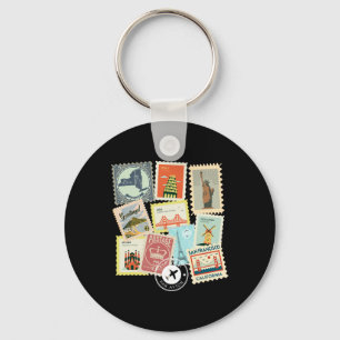 Chaveiro Selos Postais de Viagem Antigos Férias Filatélico