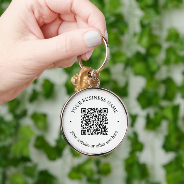 Chaveiro Seu código QR carregado mais texto circular editáv (Mão)
