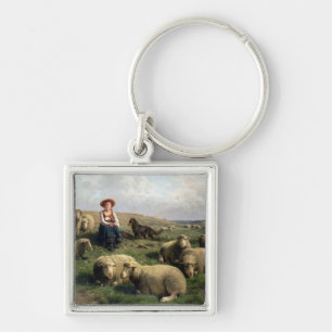 Chaveiro Shepherdess com carneiros em uma paisagem