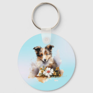 Chaveiro Shetland Sheepdog Puppy Pet Watercolor Fllower