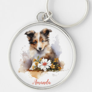 Chaveiro Shetland Sheepdog Puppy Pet Watercolor Fllower