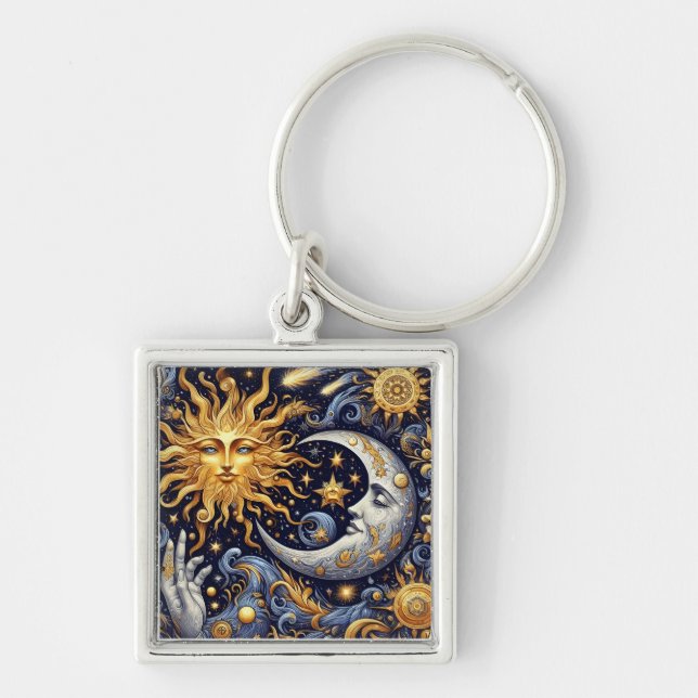 Chaveiro Silhueta Celestial Meia-Noite Sol e Lua (Frente)