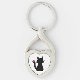 Chaveiro Silhueta de Gato Preto Borboleta Rosa