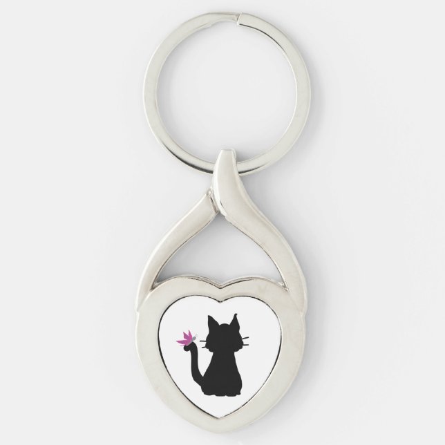 Chaveiro Silhueta de Gato Preto Borboleta Rosa (Frente)