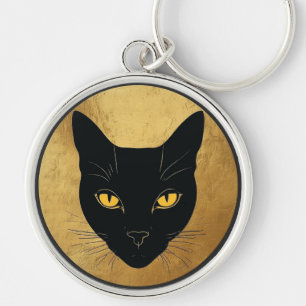 Chaveiro Silhueta de Gato Preto Contra um Círculo Dourado
